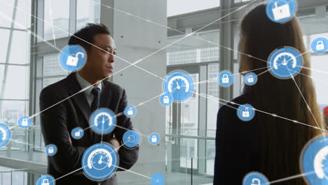 animation of network of connections with icons over business colleagues