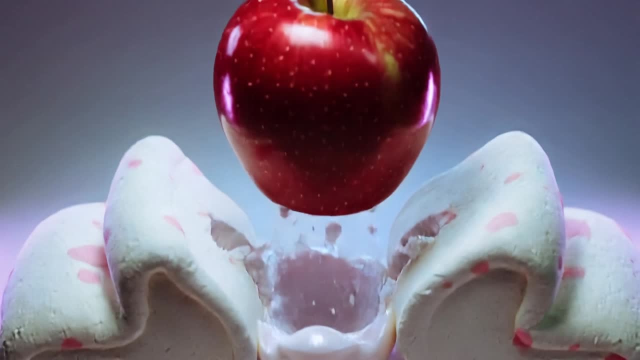 Dollop appearing under glossy red apple, lifting apple off tabletop and ejecting white splash