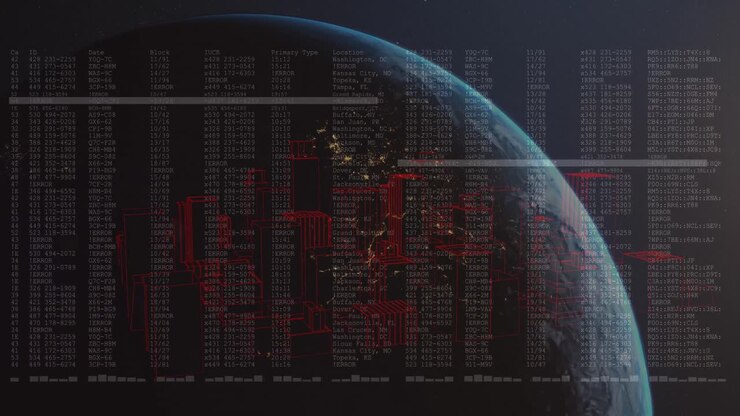 Animation of globe and financial data processing over black background