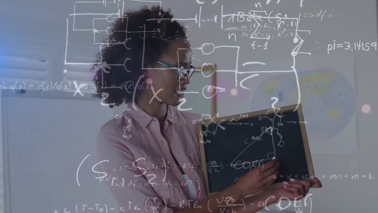 Animation of mathematical equations over african american female teacher holding blackboard