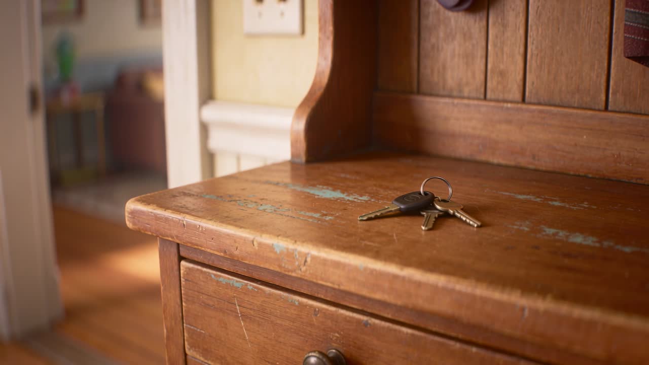 Tightening camera focus bringing small cluster of metal keys into sharper view on worn hall console