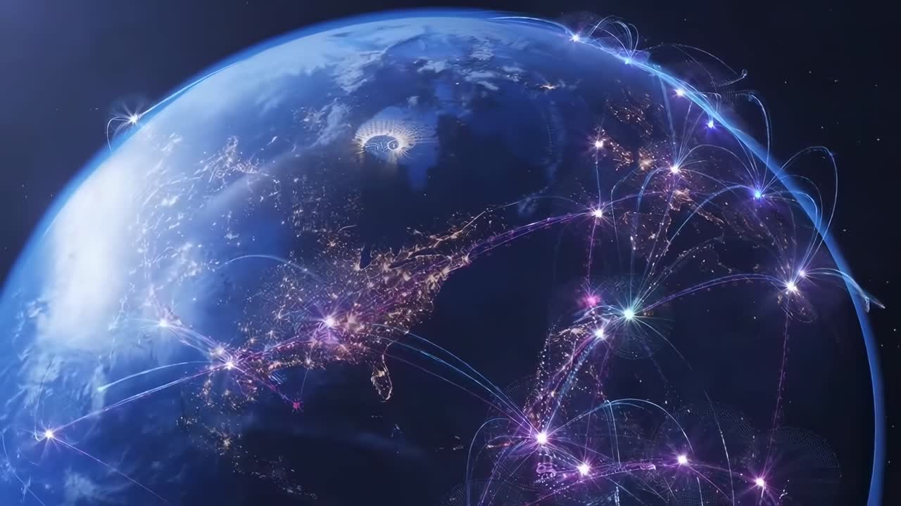 Aerial video of Earth at night with glowing network lines, showcasing global connectivity