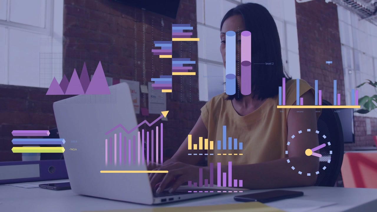 Woman typing on laptop, causing tech overlays, bars rising, line chart adding arrow, analyzing data