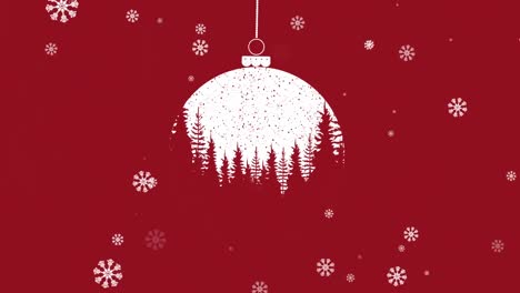 Snowflakes-falling-over-christmas-bauble-hanging-decoration-against-red-background