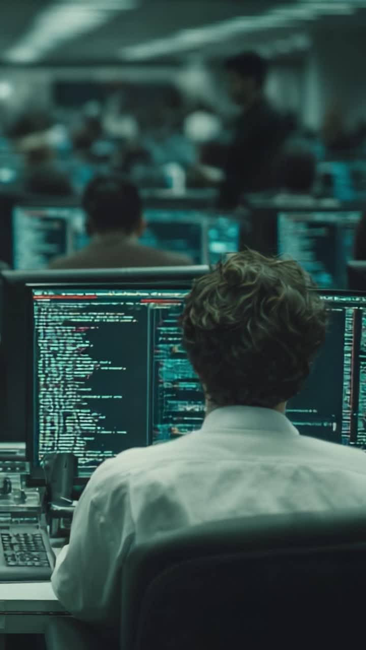 Un programmatore dedicato e assorto nella scrittura di codice all'interno di un fiorente ambiente d'ufficio tecnologico, circondato da colleghi e monitor pieni di righe di codice.