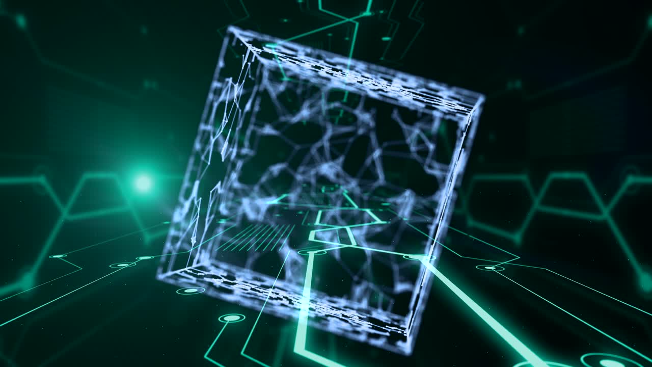 animación 3d de un cubo abstracto flotando en el espacio en textura de fondo gráfica creativa de 4k.