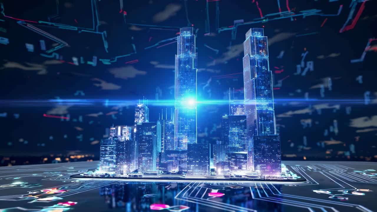 Futuristic cityscape with glowing skyscrapers on a circuit board, viewed from a low angle
