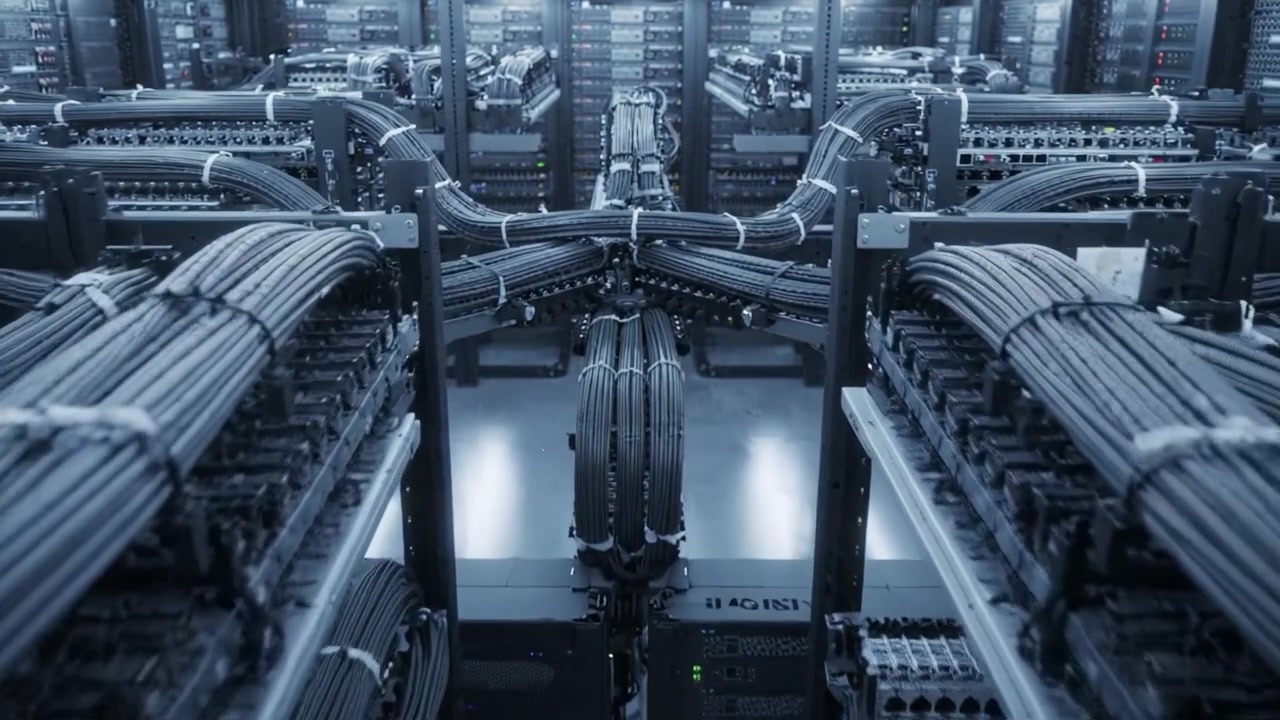 Complex Infrastructure of a Data Center Featuring Rows of Network Equipment and Intricate Cable Management in a High-Tech Environment