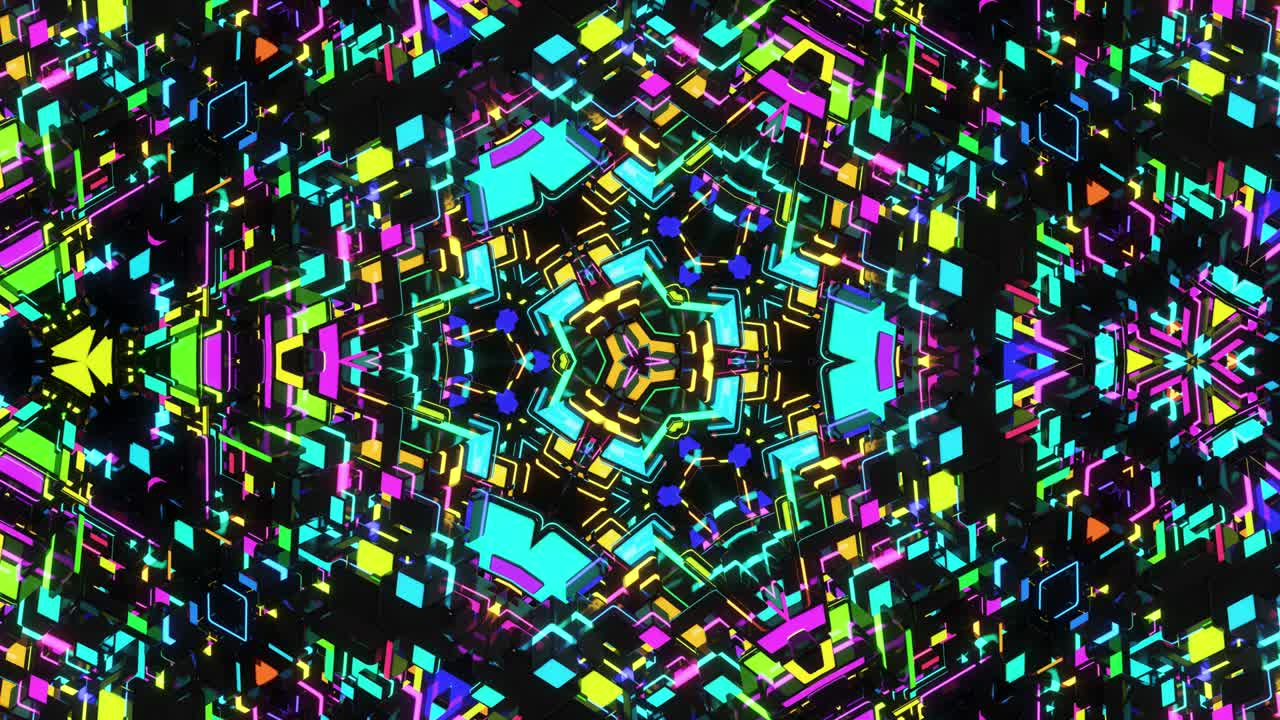 Kaleidoskop neon gelap. Latar belakang loop gelap 4k dengan pola simetris abstrak cahaya neon 3D geometris. Latar belakang cyberpunk fiksi ilmiah untuk festival atau konser, video musik, klub malam VJ loop