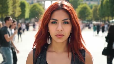 a confident young woman with vibrant red hair and bold turquoise eyes navigates a bustling urban park. surrounding her are crowds enjoying a sunny day, creating a lively atmosphere.