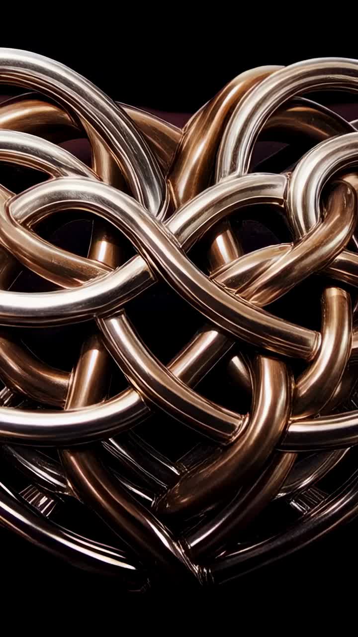 Vertical video: Dolly moving, camera closing in on tube knot on black, showing bronze silver polish