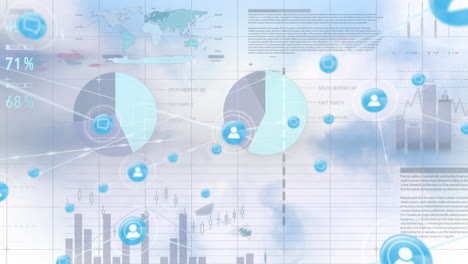 web of connection icons and financial data processing against blue sky