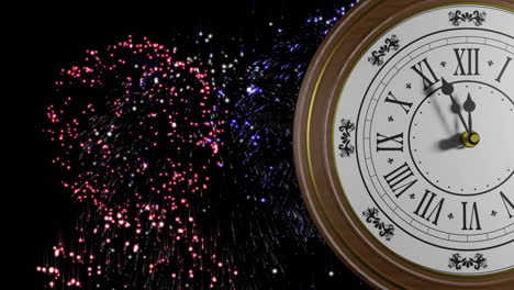 Animación-Del-Tictac-Del-Reloj-Retro-Que-Muestra-Medianoche-Con-Fuegos-Artificiales-Sobre-Fondo-Negro