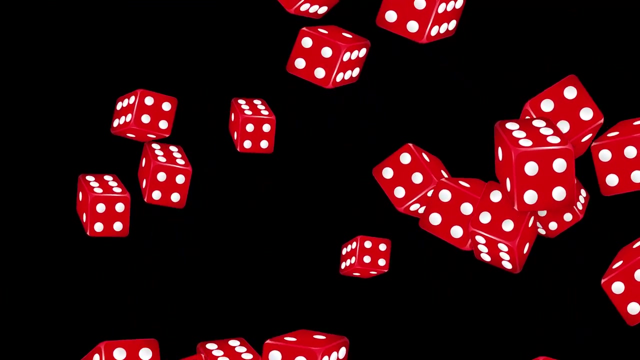 Dadi da gioco rossi esplodono e si disperdono nell'aria su uno sfondo nero uniforme