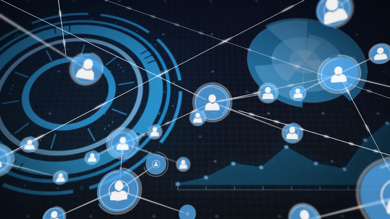 Digital interface background showing network connections and data processing animation