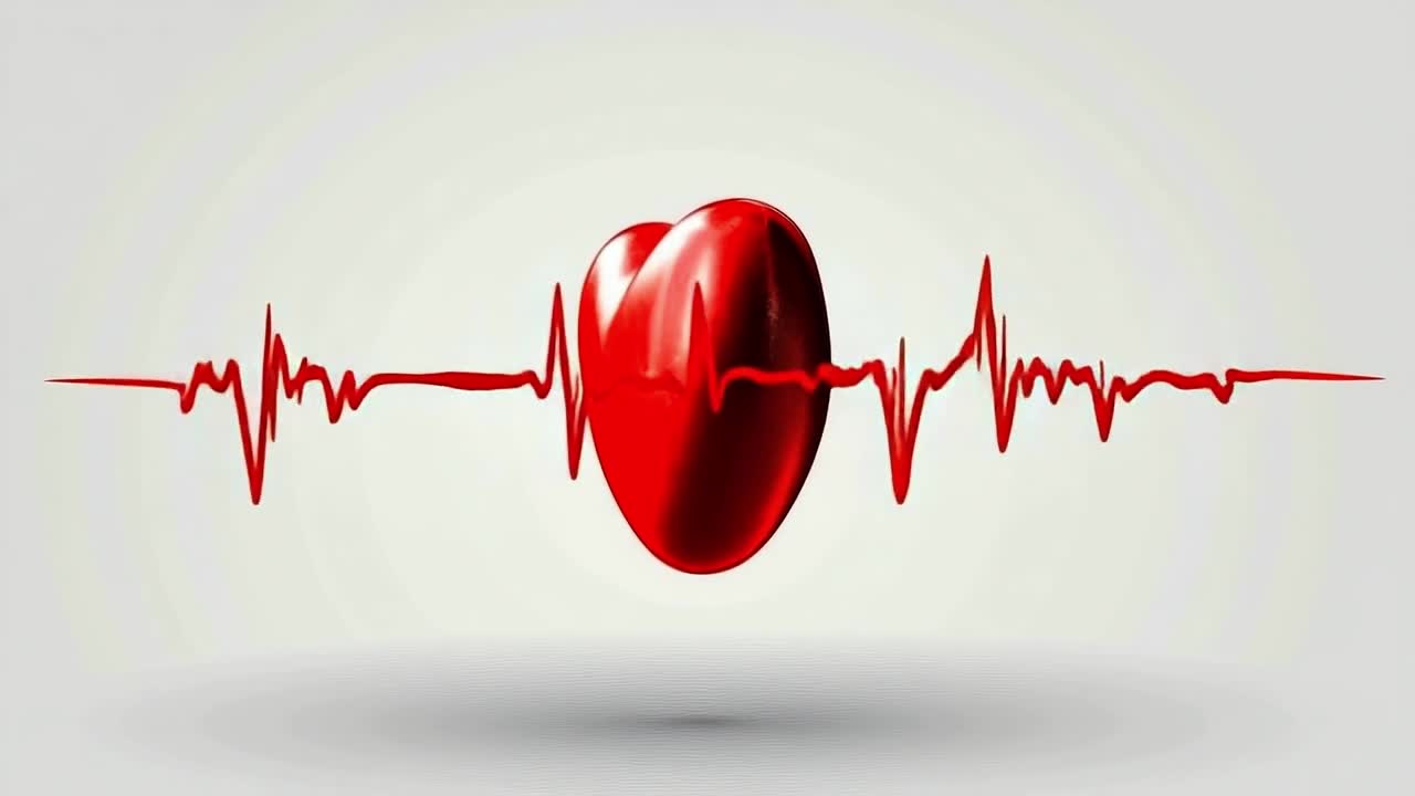Red oval heartbeat visual. A red oval shape floats above a graphic representation of a heartbeat, illustrating the concept of life and energy.