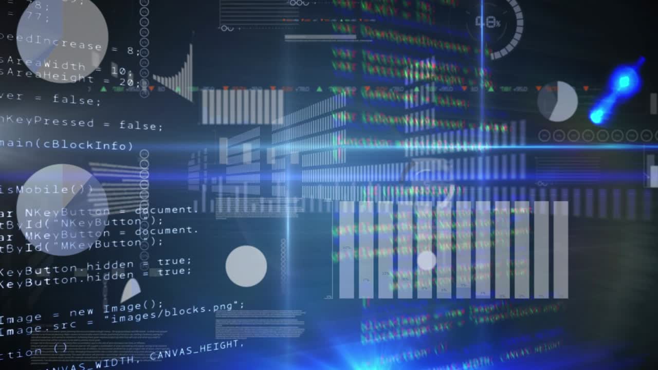 Animasjon av databehandling og statistikk på skjerm.