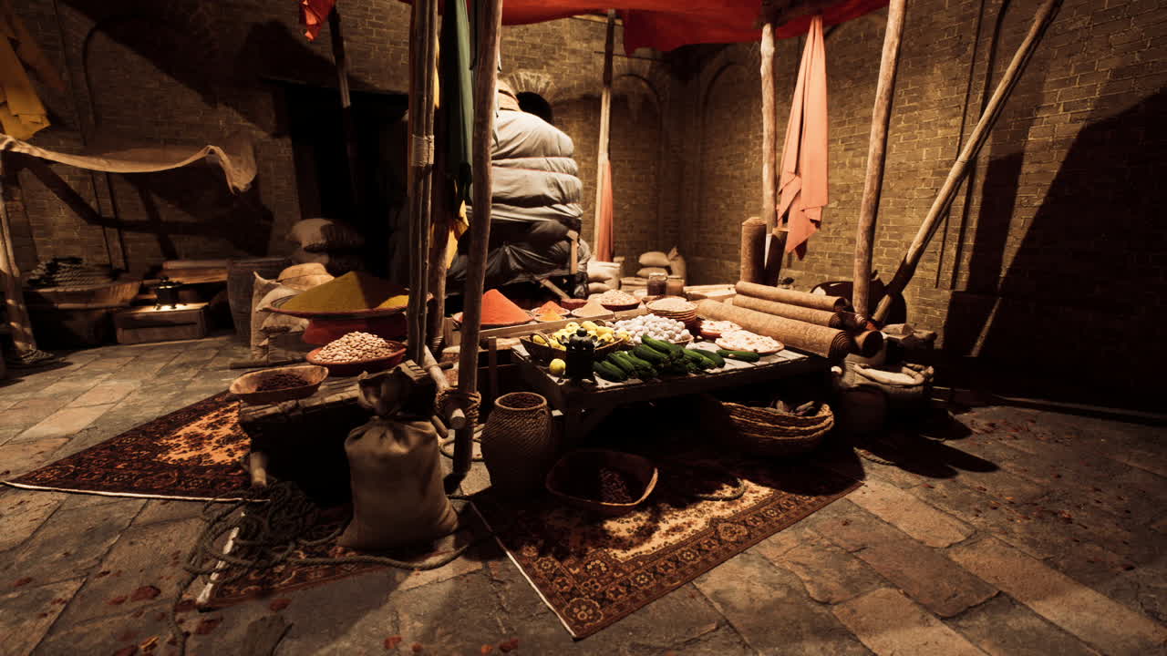 Historic african market filled with vibrant spices and fresh produce at dusk
