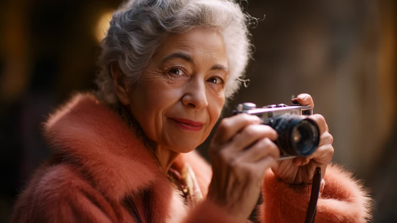 Seorang Wanita Tua dengan Kamera Vintage Mengabadikan Momen Kehidupan, Tersenyum Lembut dalam Balutan Mantel Bulu Nyaman, Merangkul Seni Fotografi dengan Rasa Nostalgia dan Semangat untuk Kenangan