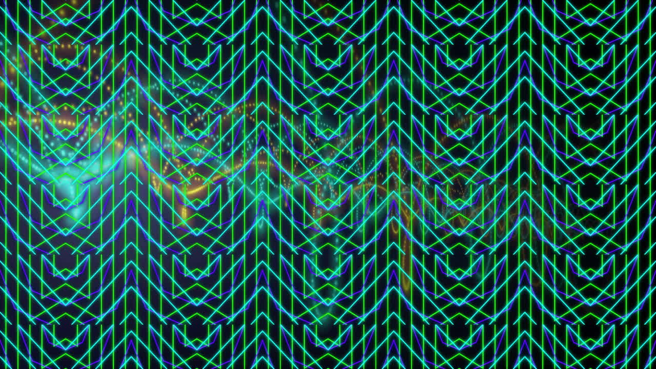 Digital interface featuring neon chevrons and arrows pulsing on dark grid, blurring light streaks