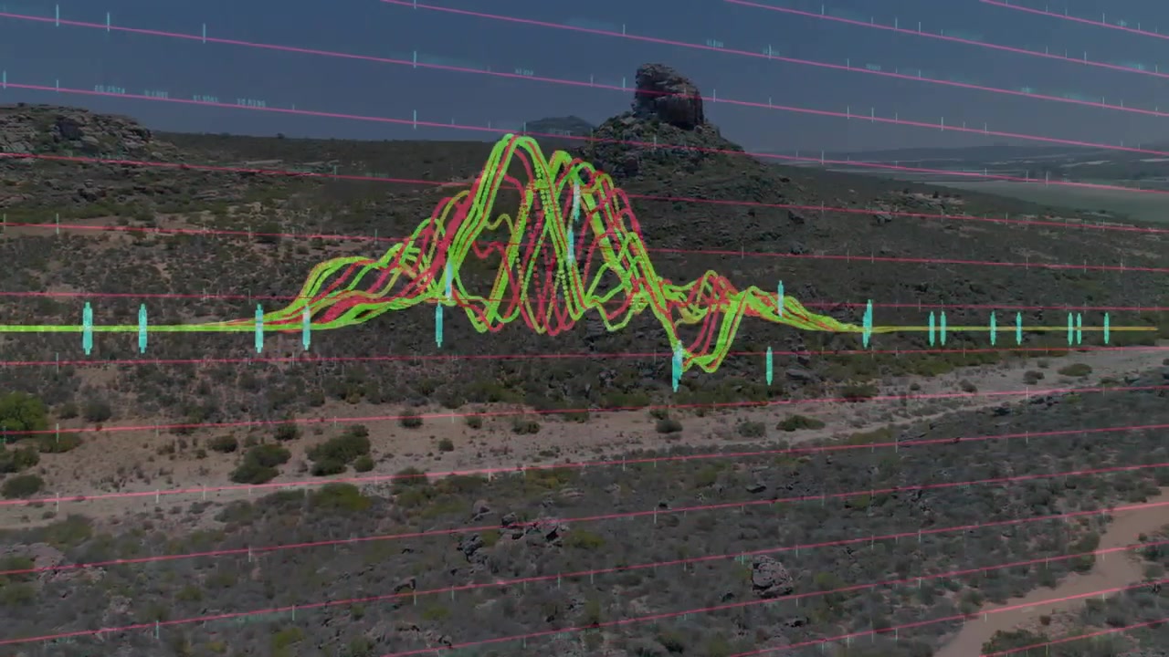 Vertical video: Waveform forming twin peaks above trail during drone ascent, showing survey data