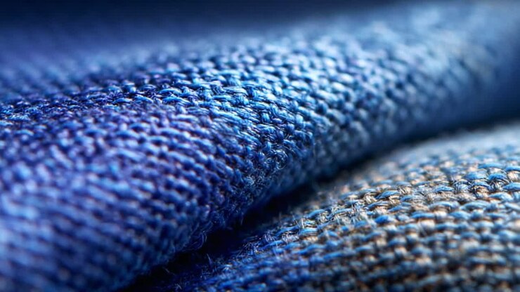 Close-up View of Woven Fabric Texture Showcasing Intricate Patterns and Vibrant Blue Tones, Capturing the Detail and Quality of Textile Design in Stunning Clarity