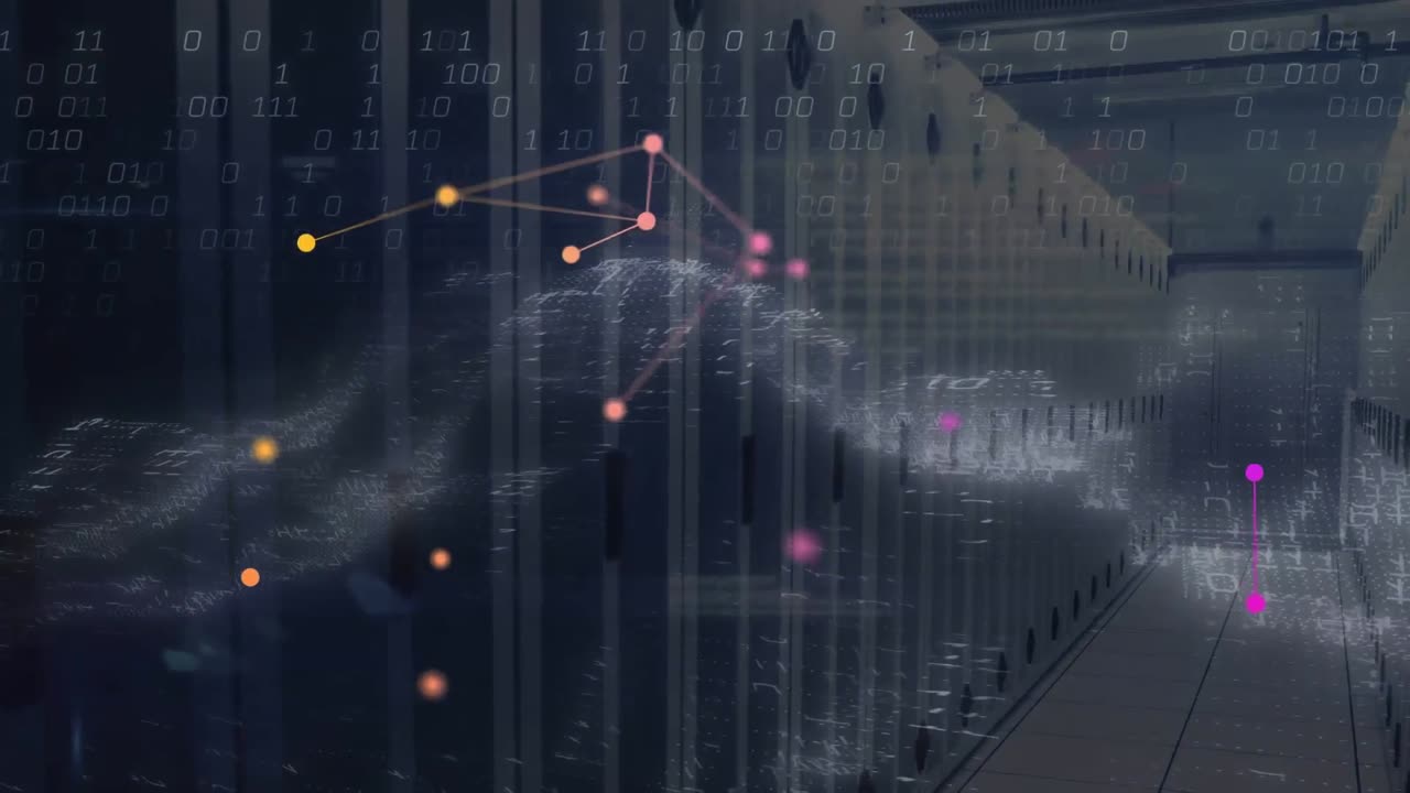 Animation of connected dots, dynamic wave and binary codes over server room