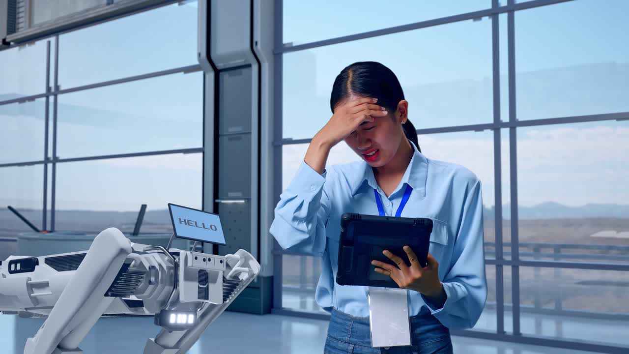 아시아 여성 직업 노동자가 하이테크 공장에서 태블릿을 들고 서서, 로 개, 그녀는 실망스럽게 머리를 흔들고 있습니다.