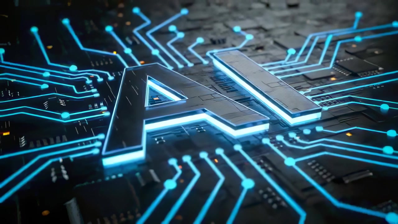 Moving camera closer, metallic 3D AI letters glowing on circuit board, highlighting blue traces