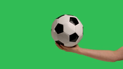 female hand holds a football classic white black ball on the palm, isolated on green screen chroma key background. sport play football healthy lifestyle concept. slow motion. close up