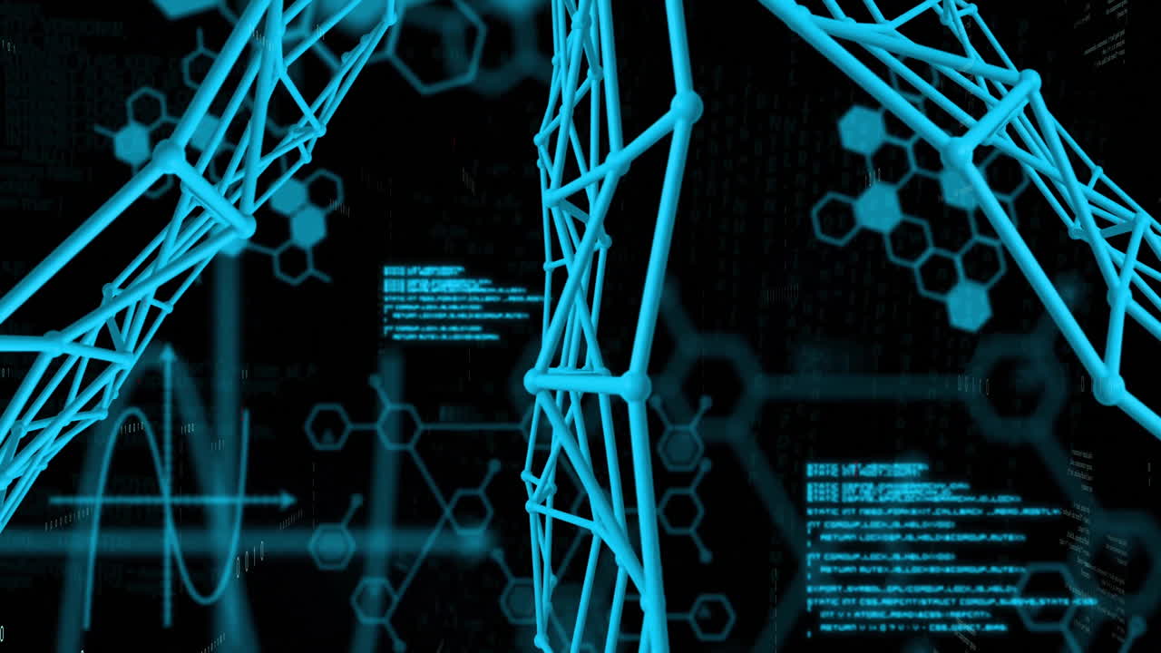 Animation of digital DNA strands and hexagonal patterns on scientific data interface