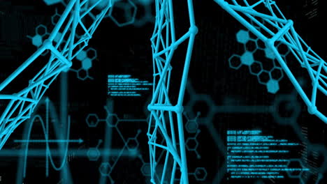 animation of digital dna strands and hexagonal patterns on scientific data interface