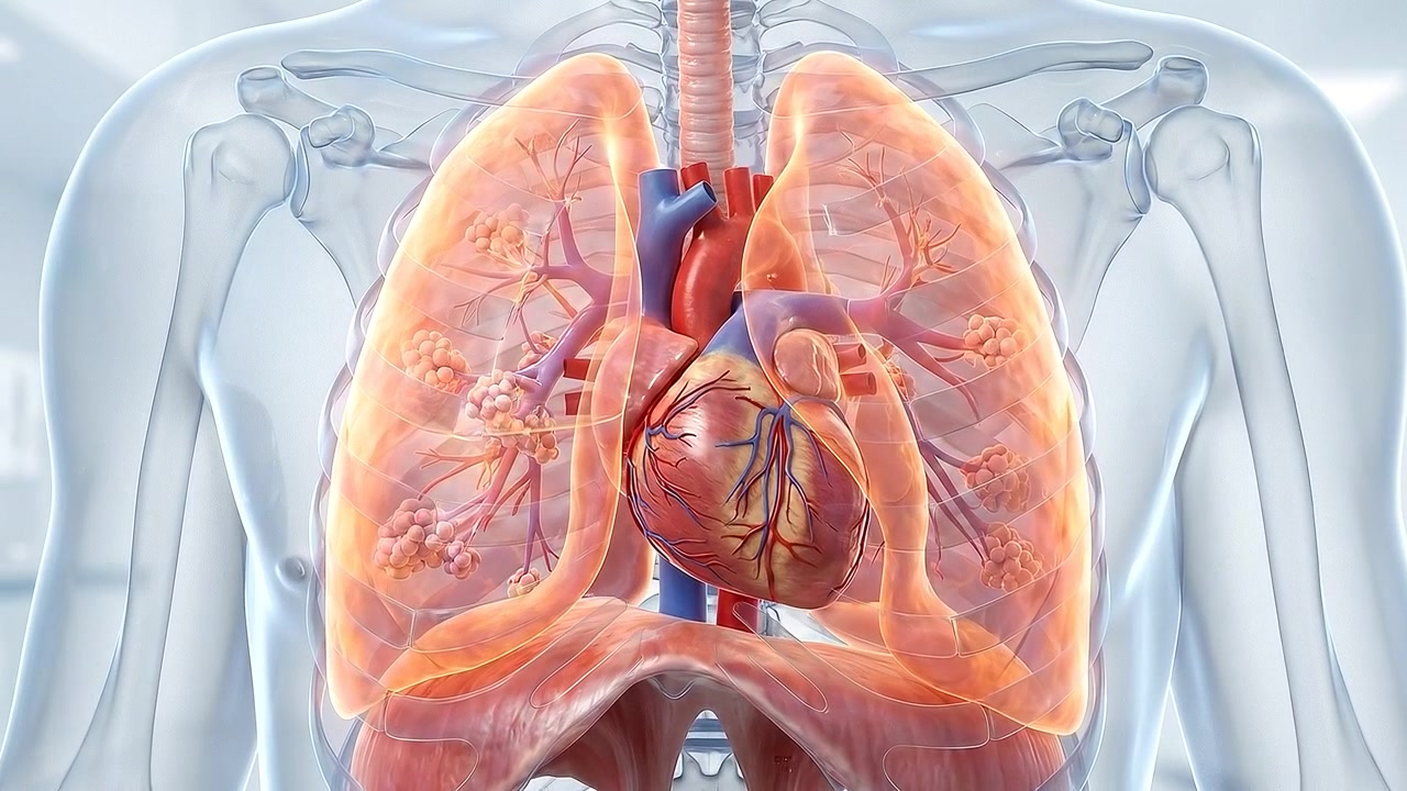 Animazione medica 3D del funzionamento del cuore e dei polmoni umani