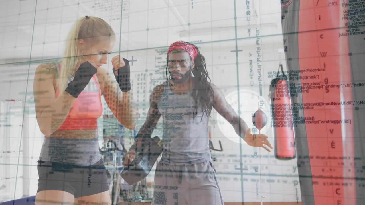Trainer cueing pads and signaling bag, trainee throwing punches then front kick for boxing training