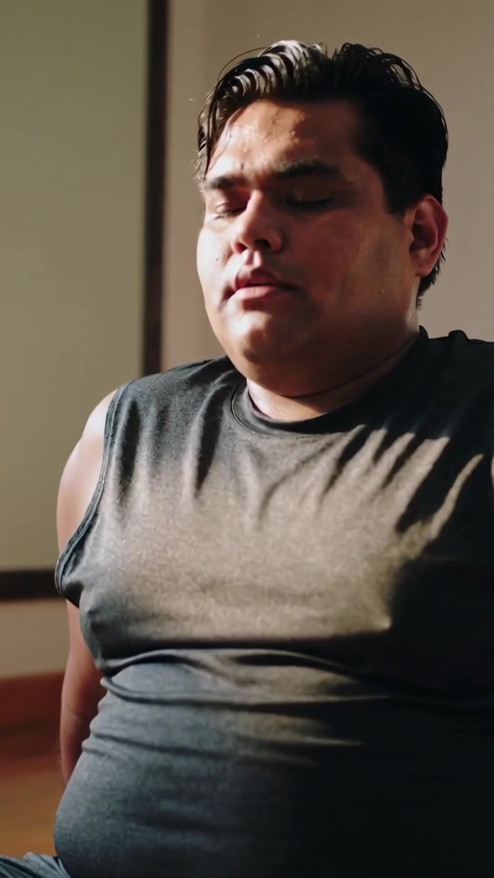 Video vertical: Hombre meditando con camiseta de tirantes oscura y pantalones cortos, respirando lentamente en una habitación, con moldura de pared.