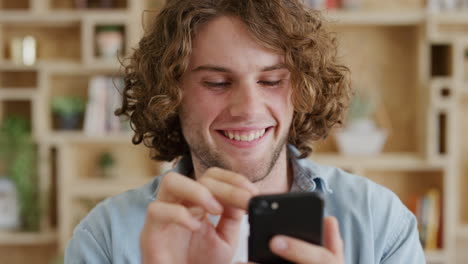 Phone,-laugh-and-face-of-man-scroll-on-online