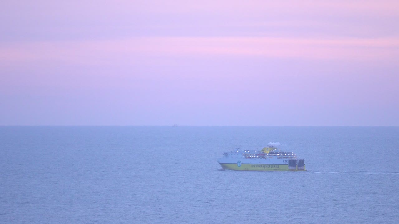 DFDS Transmanche Ferry at Sea, Purple Sky at Dusk.