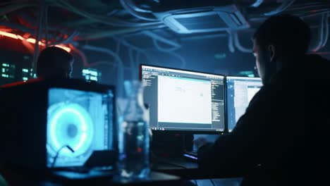 in a dimly lit control room, individuals intensely focus on their computer screens, surrounded by intricate networks and glowing technology, symbolizing the world of cybersecurity and digital innovation