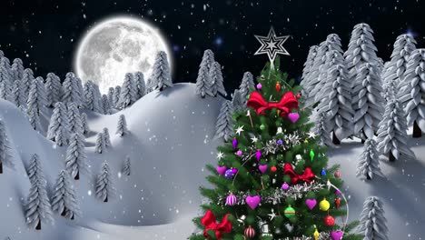 Digital-animation-of-snow-falling-over-christmas-tree-on-winter-landscape-against-moon-in-night-sky