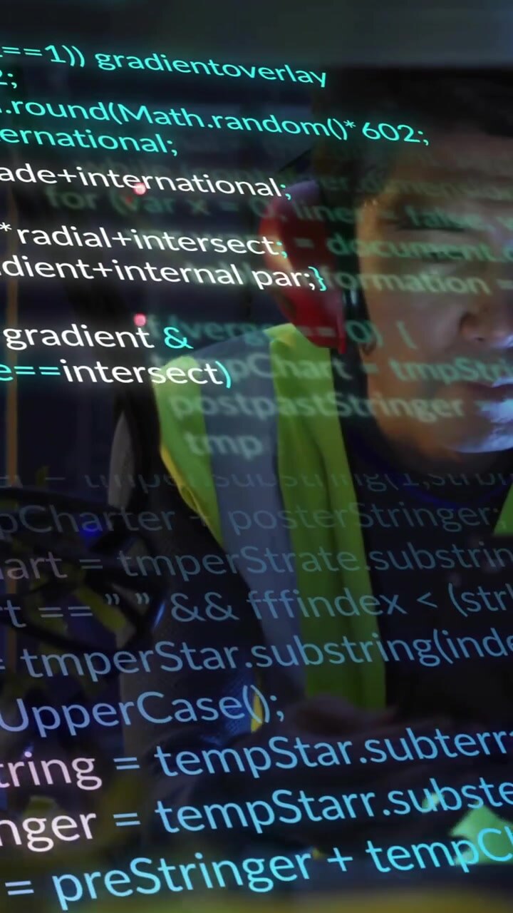 Animation of digital data processing over asian male it technician by computer servers