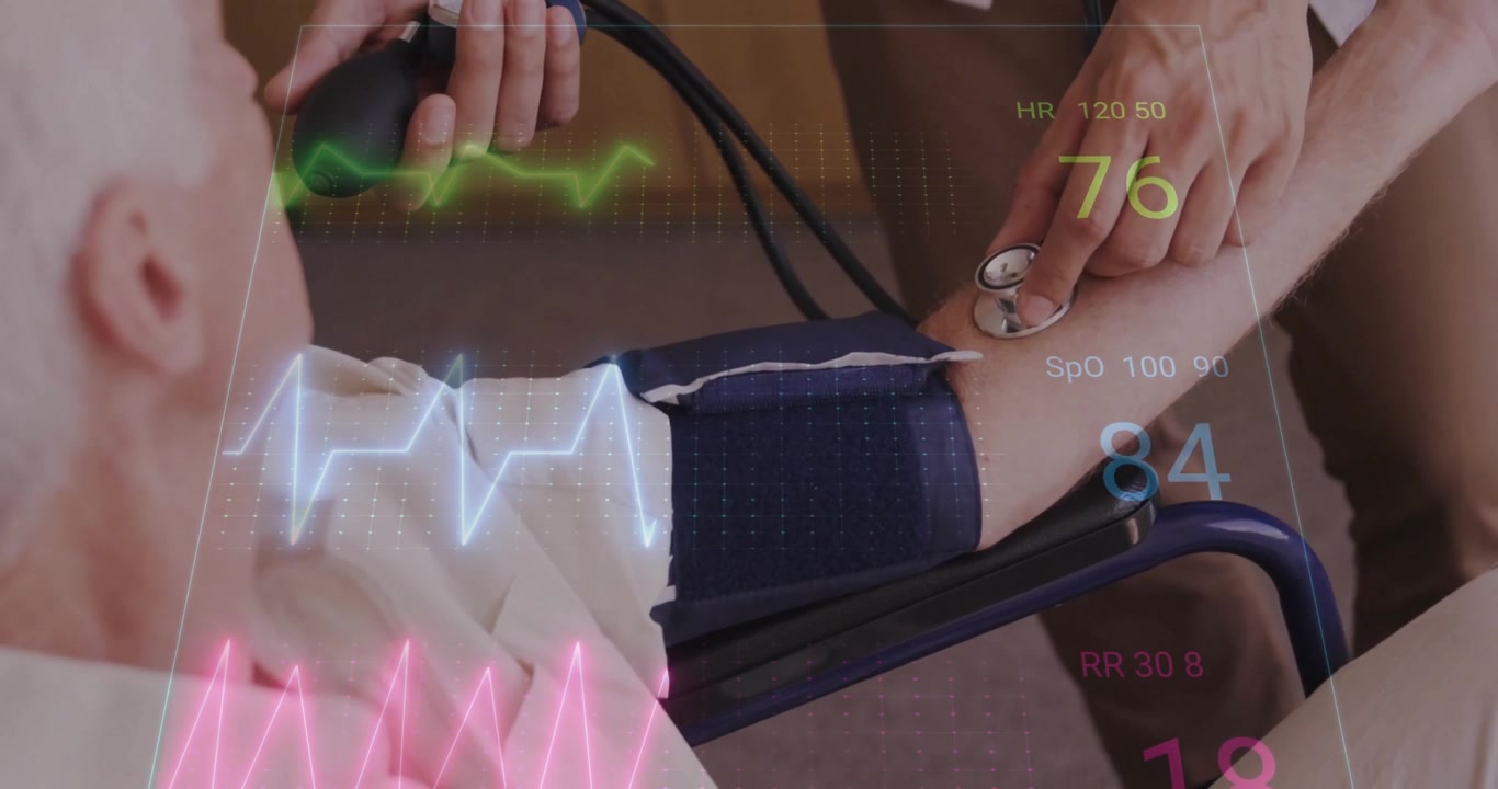 Un clinico gonfia un bracciale, posiziona uno stetoscopio e mostra parametri vitali animati che confermano lo stato di salute.