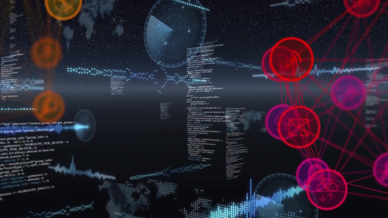 Pink or red node cluster pulsing right, emitting waveforms, HUDs, code into central data hub for tec