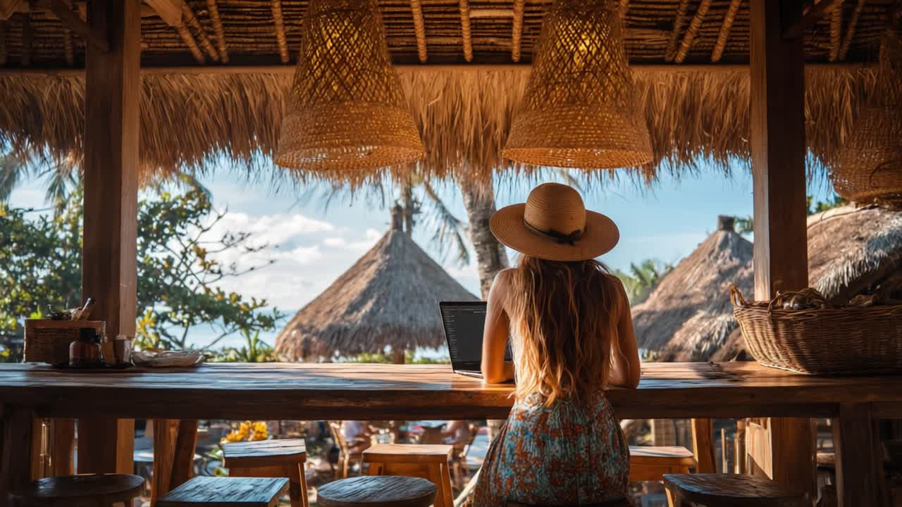 A Serene Escape: Enjoying the Calm Ambiance at a Tropical Café with a View Overlooking Palm Trees and Thatched Roofs, Perfect for Relaxation and Inspiration