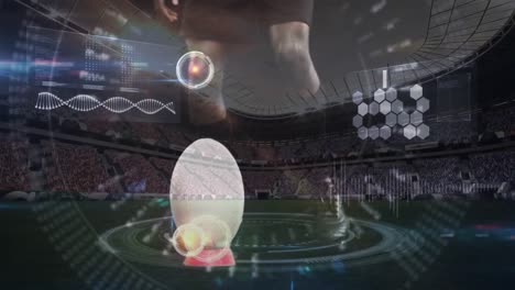 animación de la cadena de adn y procesamiento de datos sobre un jugador de rugby en un estadio deportivo
