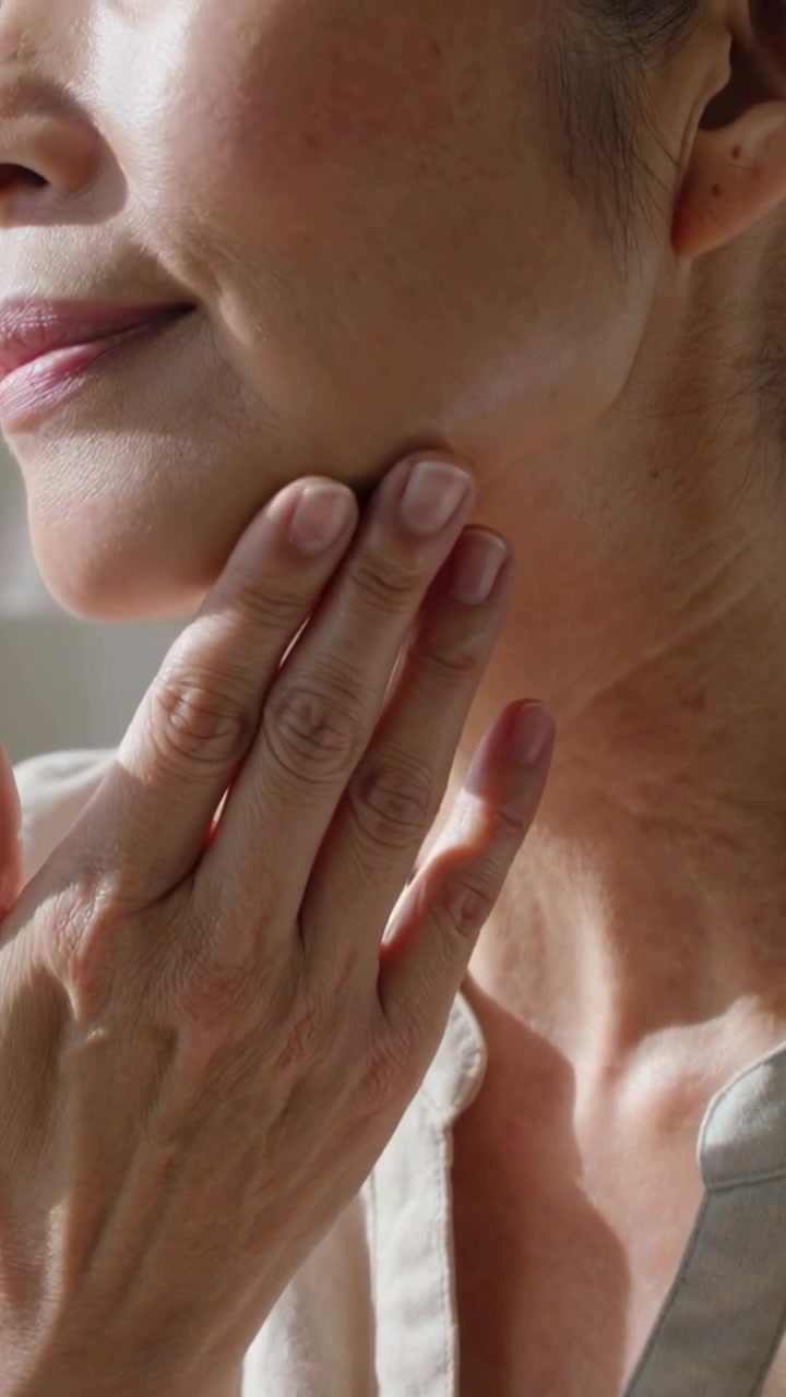 Video verticale: Donna che posiziona le dita e massaggia collo e linea della mascella davanti alla toeletta, con un top beige, per la cura della pelle