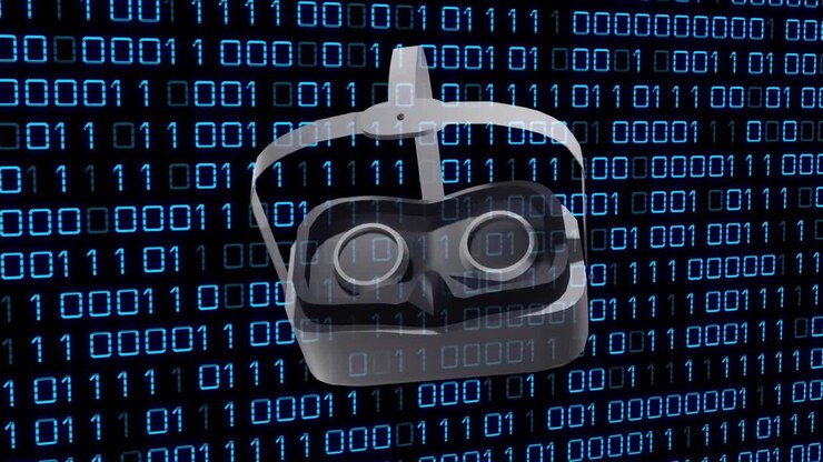 Animazione di visore VR su elaborazione dati con codice binario