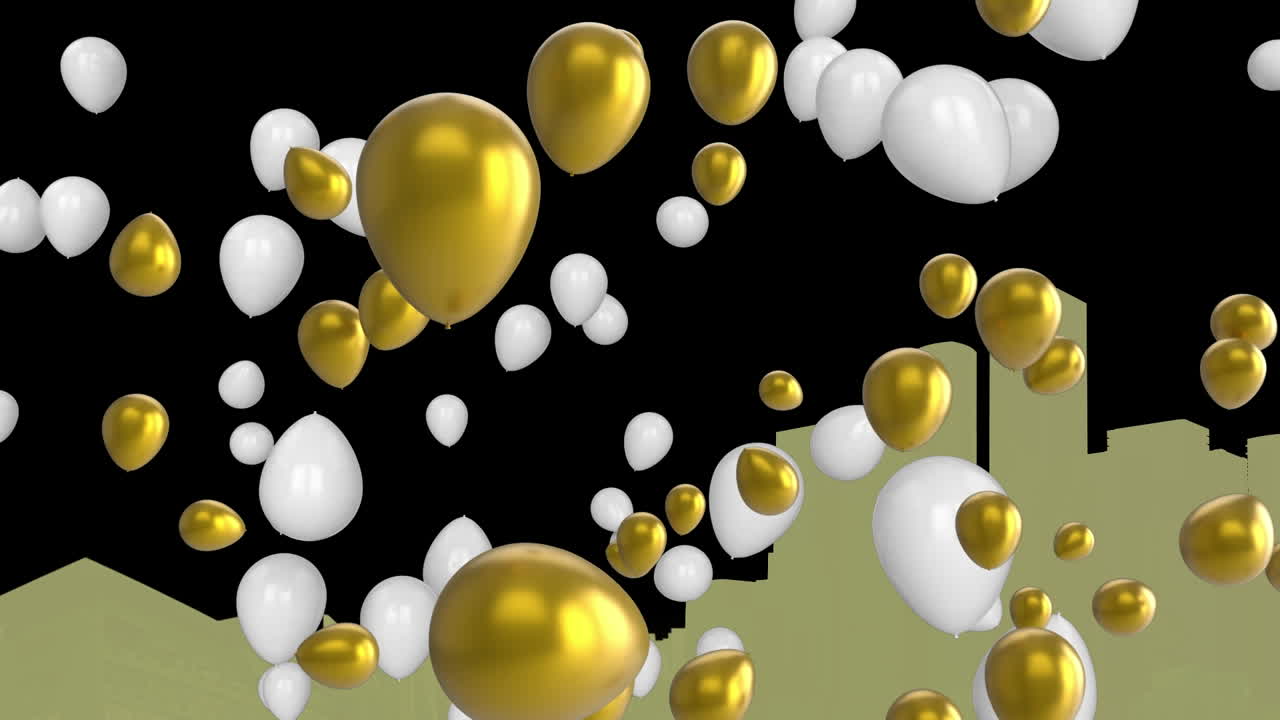 animación de globos y paisaje urbano sobre fondo negro