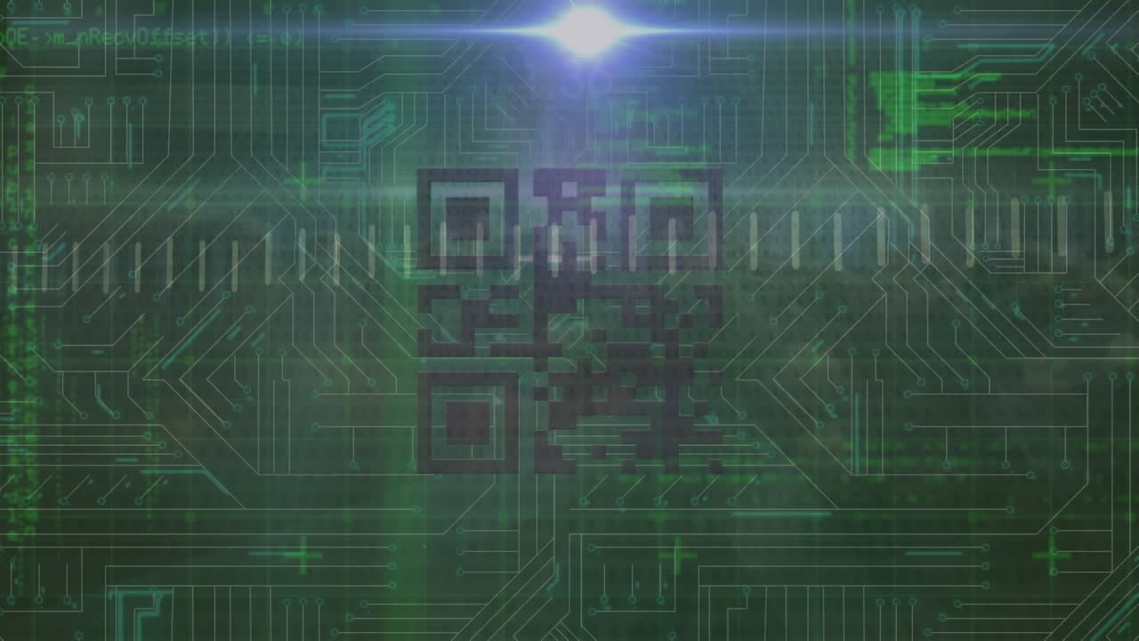 animación de gráficos de líneas sobre código qr y lenguaje informático contra el patrón de la placa de circuitos
