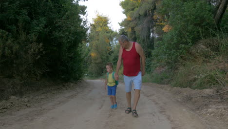 hombre y niño caminando por el camino del campo
