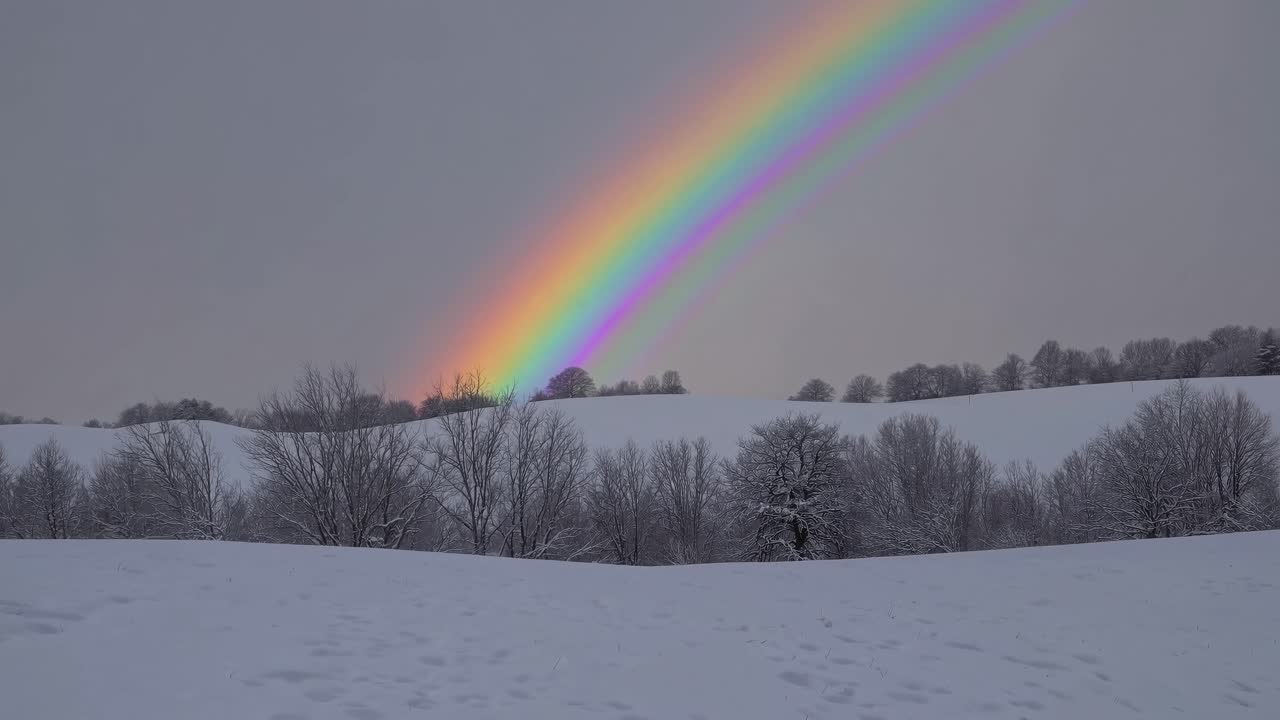A vibrant rainbow arcs over a snowy landscape, captured from a low-angle, evoking a serene, magical